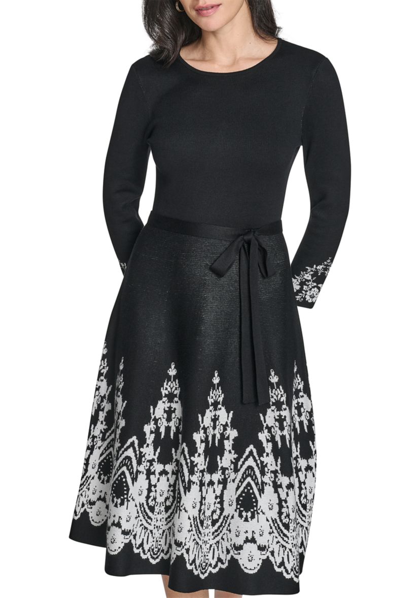 Womens 3/4 Sleeve Border Print A-Line Sweater Dress