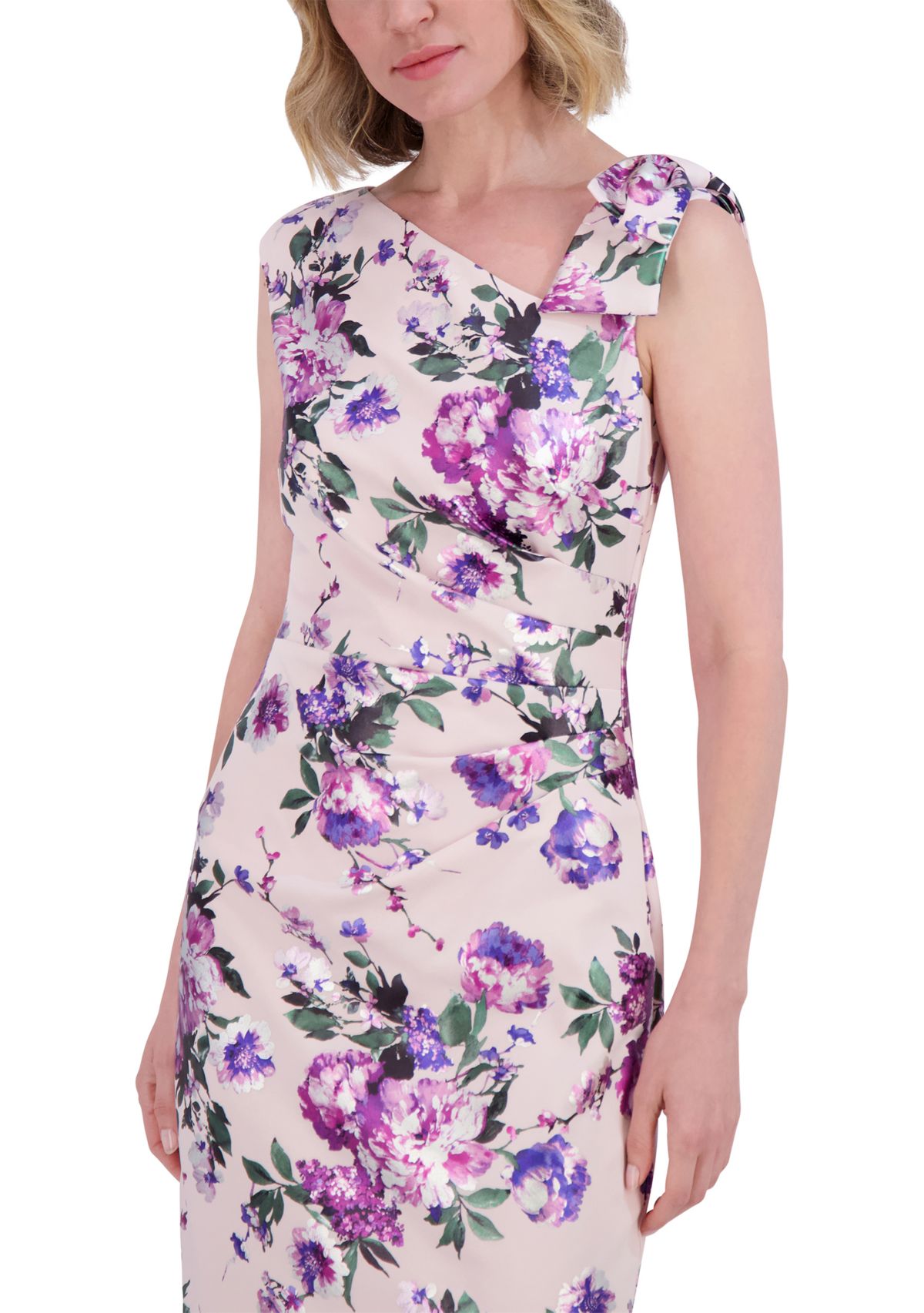 Womens Sleeveless Asymmetrical Floral Print Sheath Dress