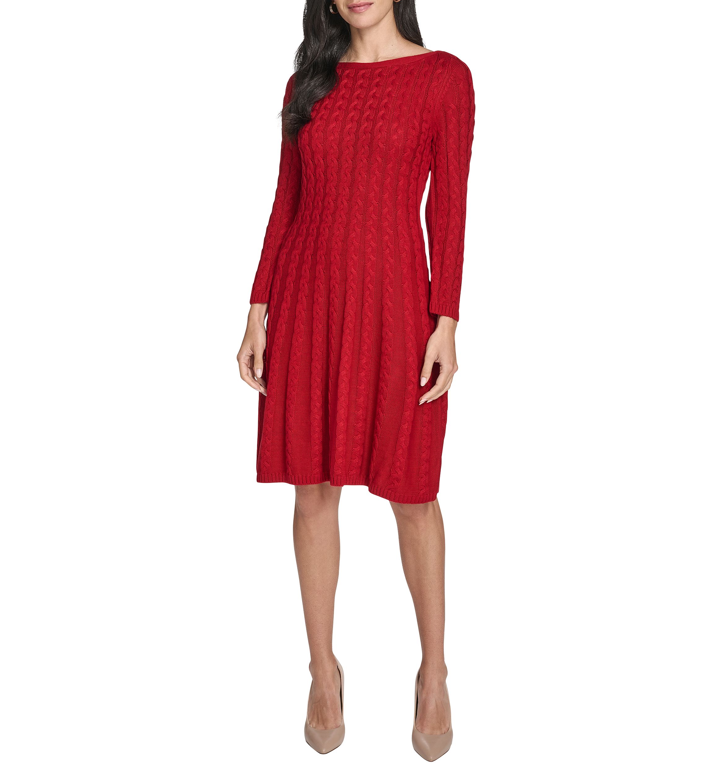 Jessica Howard Women's Fitted Sleeve Cable Knit A-Line Sweater Dress, Red, Large