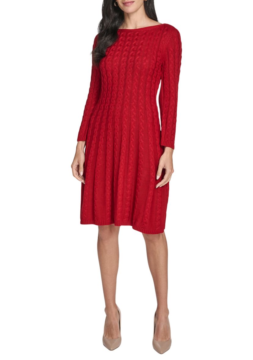 Womens Fitted Sleeve Cable Knit A-Line Sweater Dress