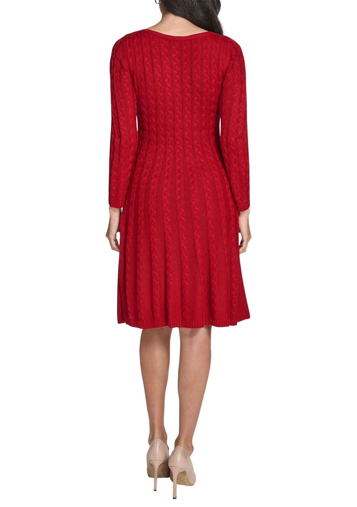 Womens Fitted Sleeve Cable Knit A-Line Sweater Dress