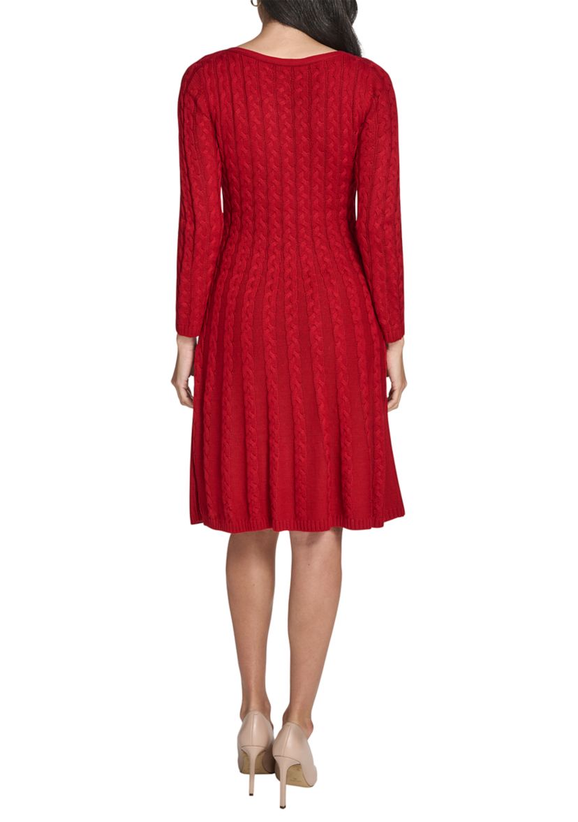 Womens Fitted Sleeve Cable Knit A-Line Sweater Dress