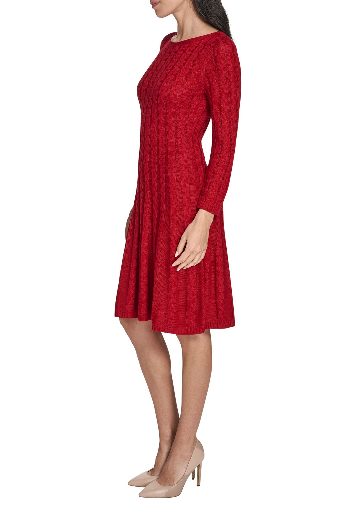 Womens Fitted Sleeve Cable Knit A-Line Sweater Dress
