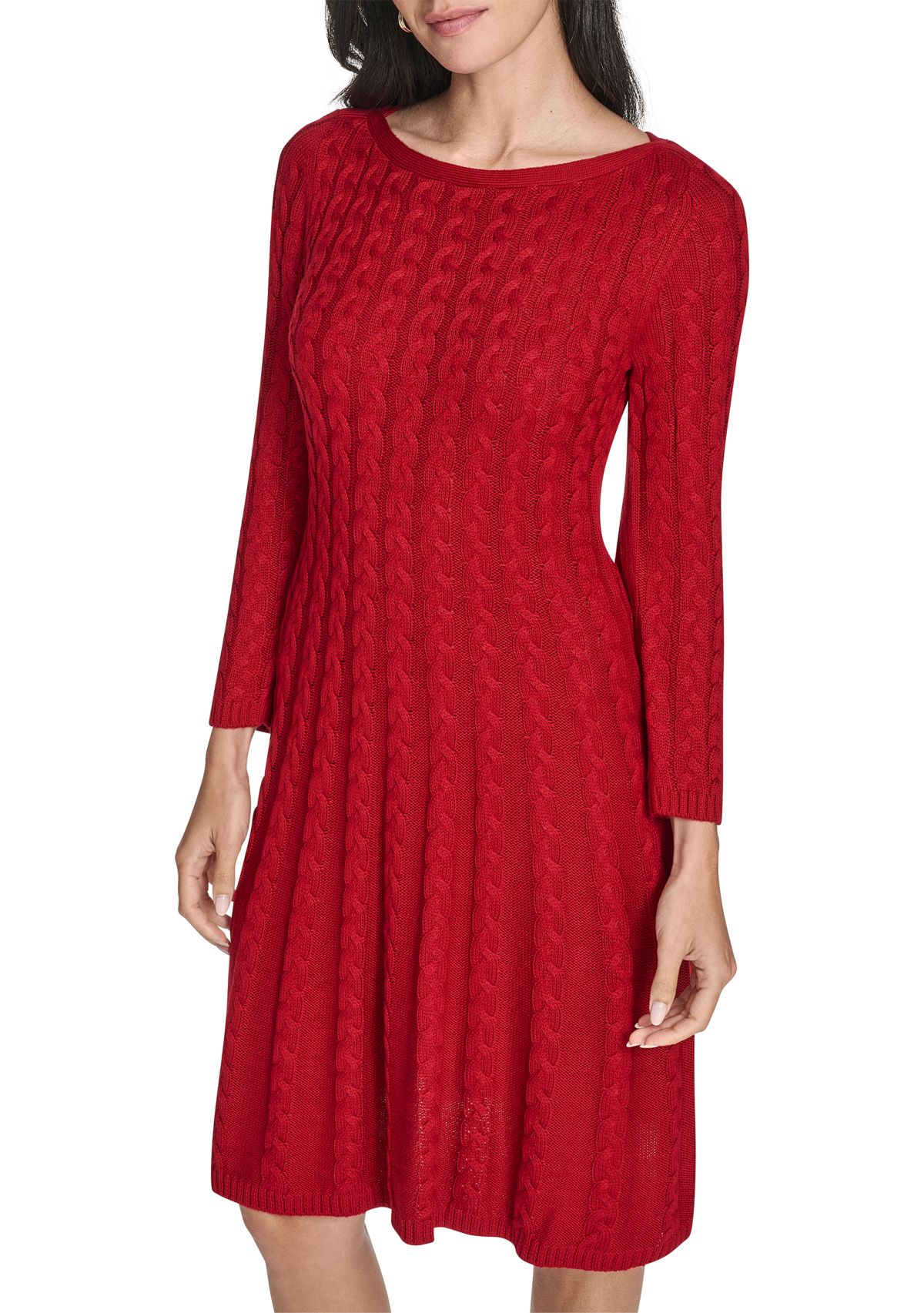Womens Fitted Sleeve Cable Knit A-Line Sweater Dress