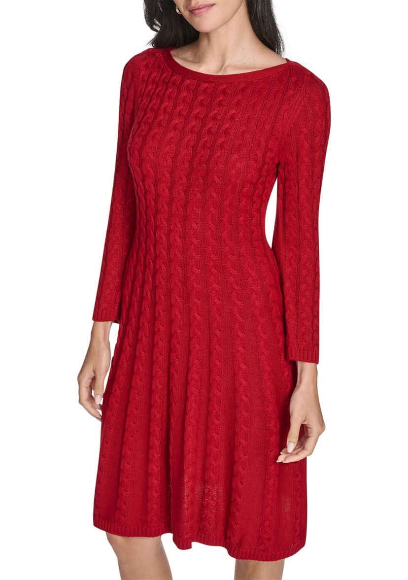 Womens Fitted Sleeve Cable Knit A-Line Sweater Dress