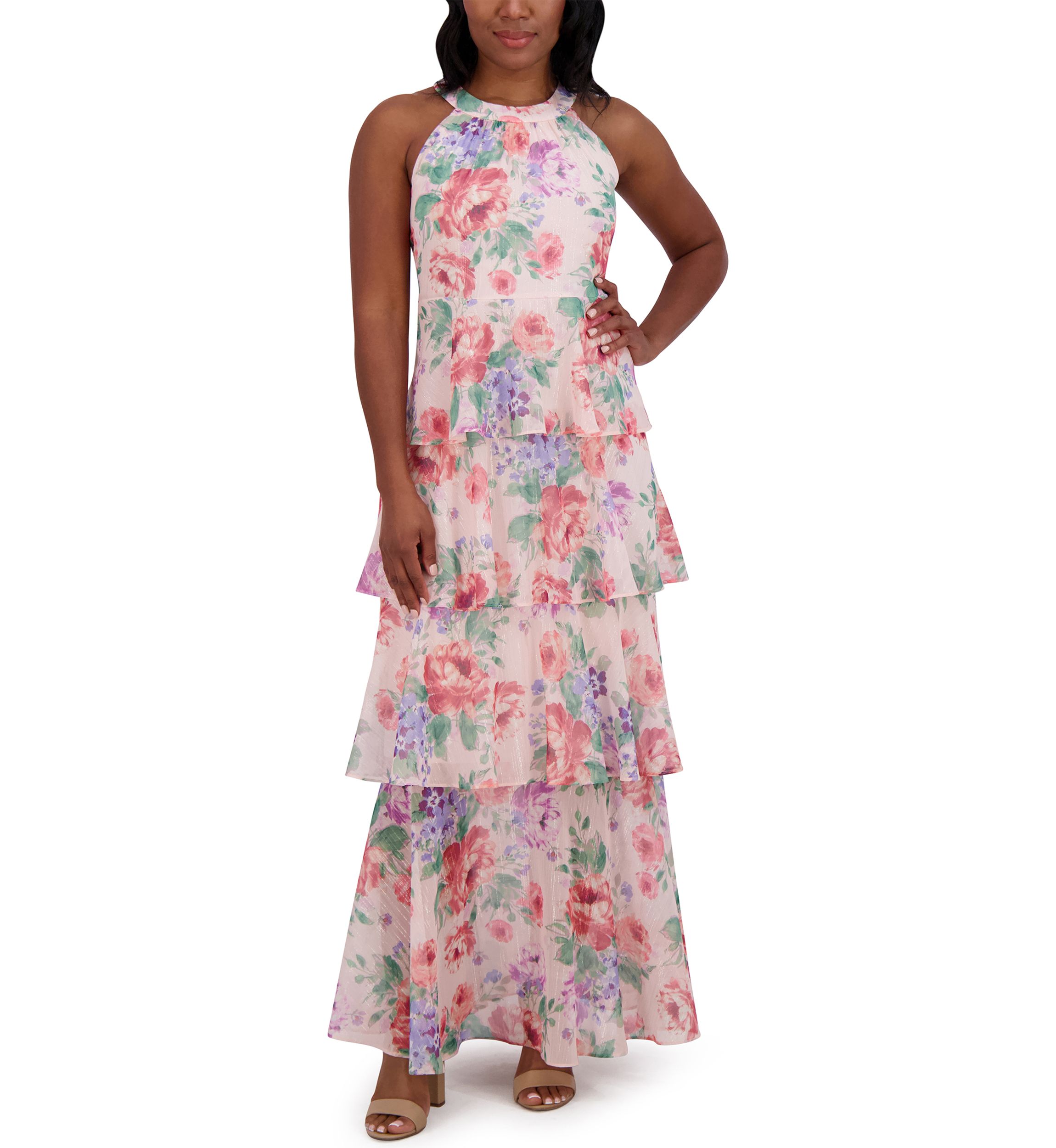 Womens Sleeveless Halter Neck Tiered Floral Printed Maxi Dress