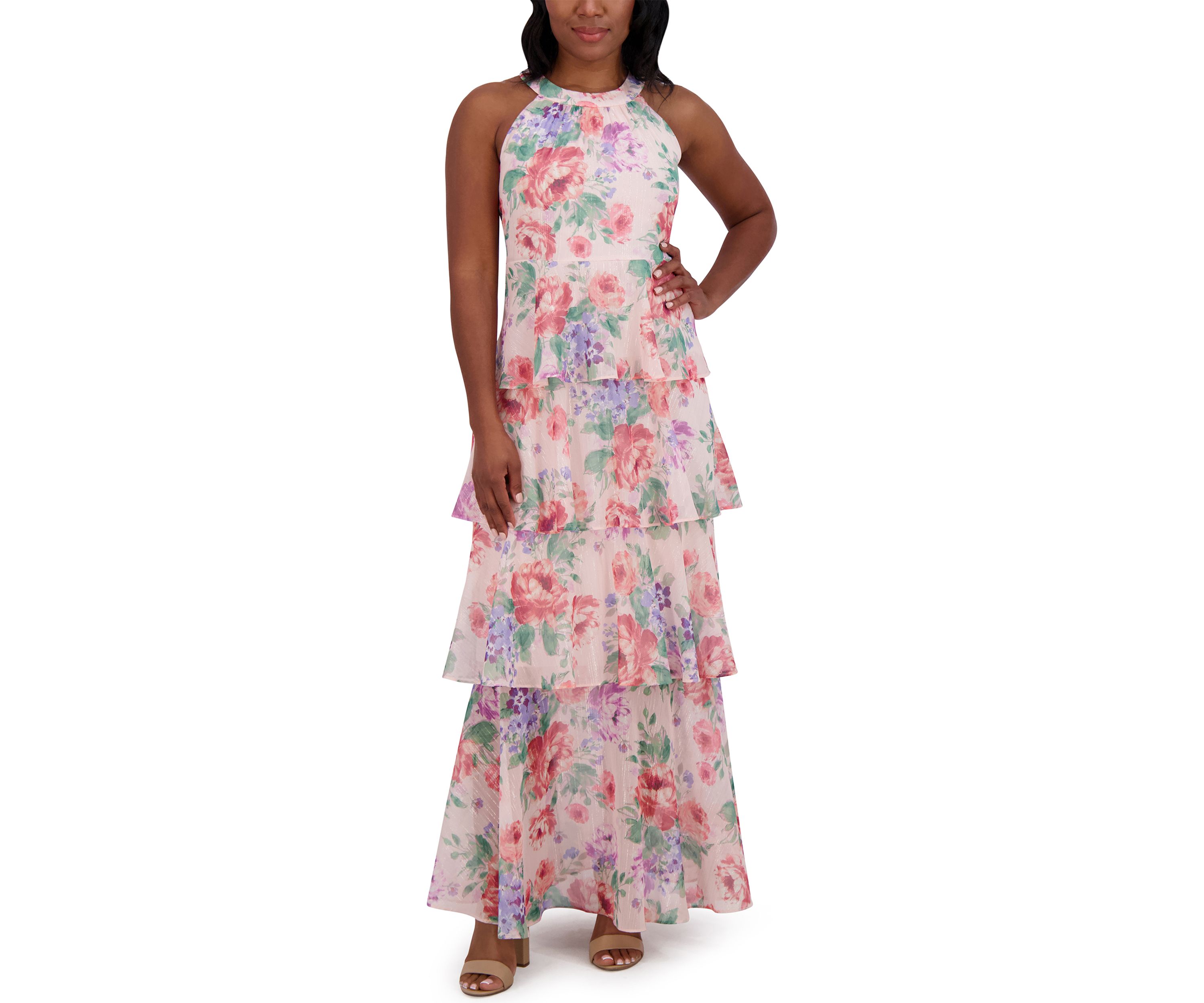Womens Sleeveless Halter Neck Tiered Floral Printed Maxi Dress