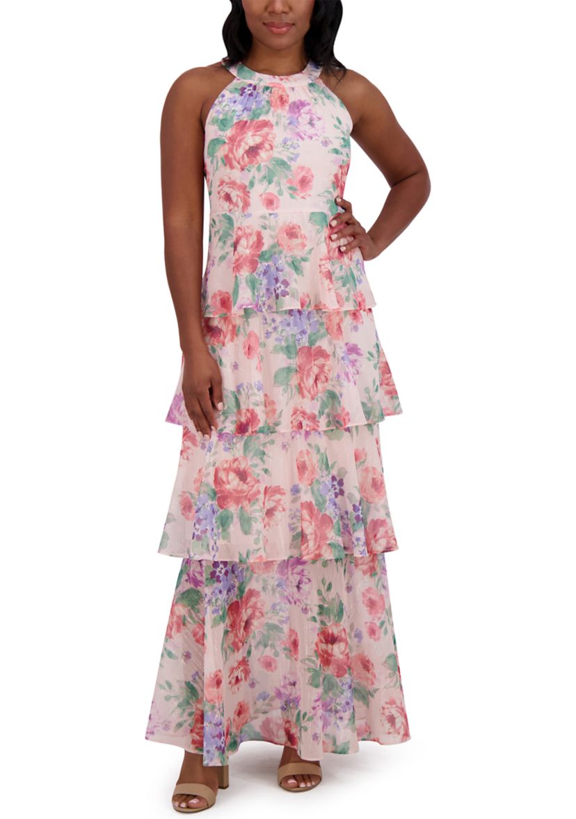 Womens Sleeveless Halter Neck Tiered Floral Printed Maxi Dress