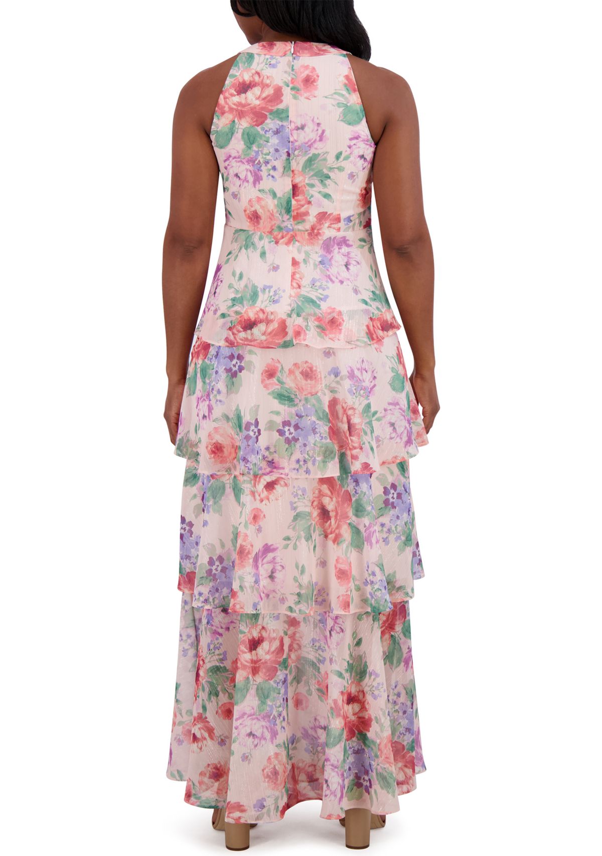 Womens Sleeveless Halter Neck Tiered Floral Printed Maxi Dress