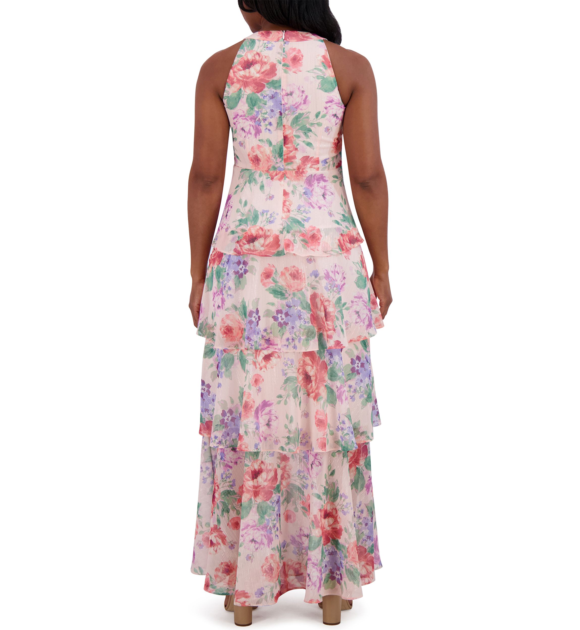 Womens Sleeveless Halter Neck Tiered Floral Printed Maxi Dress