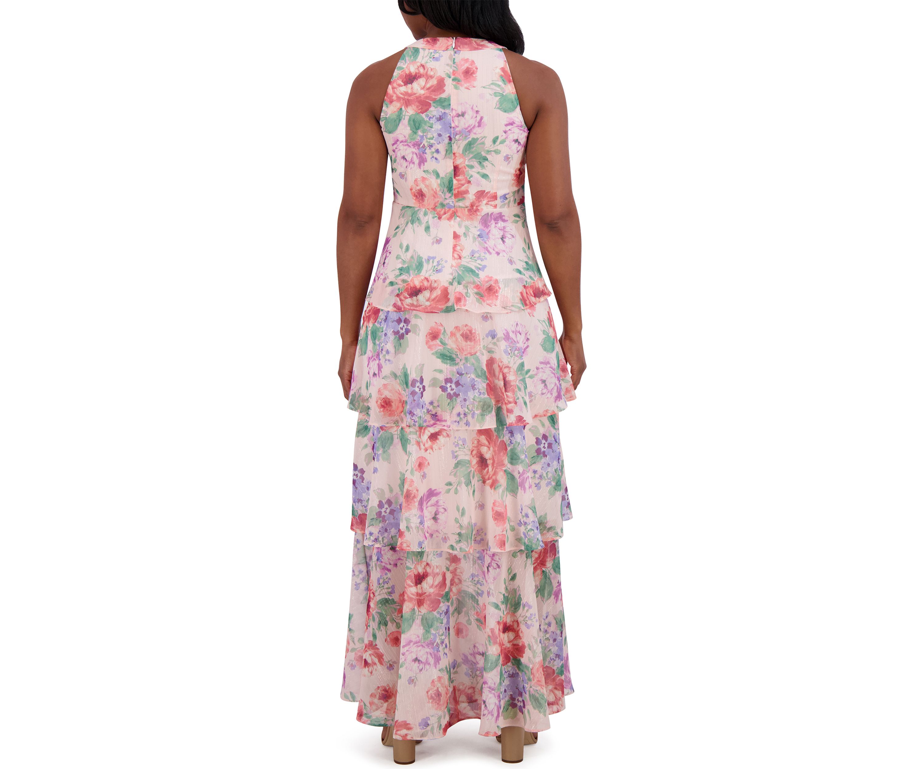 Womens Sleeveless Halter Neck Tiered Floral Printed Maxi Dress