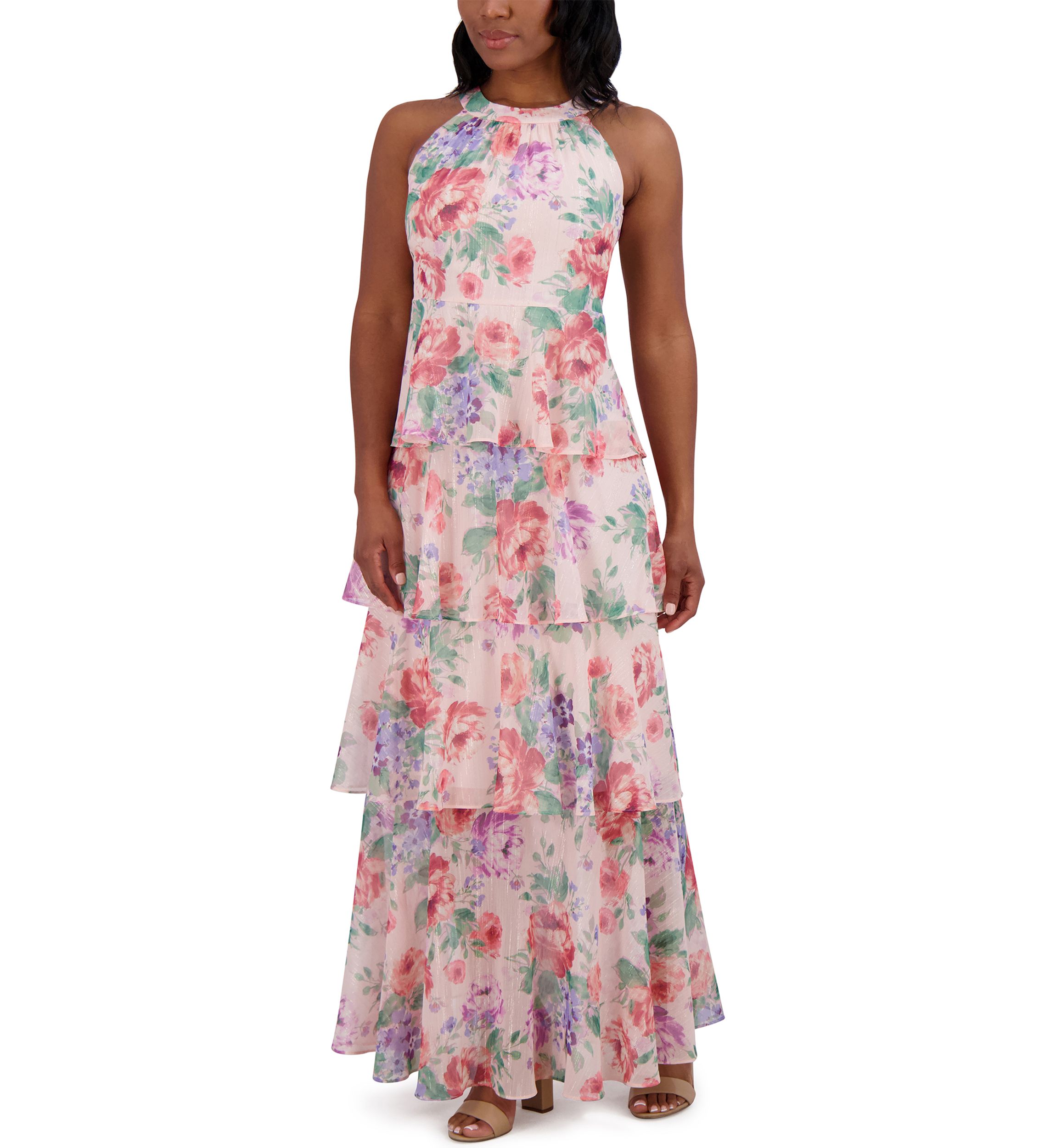 Womens Sleeveless Halter Neck Tiered Floral Printed Maxi Dress