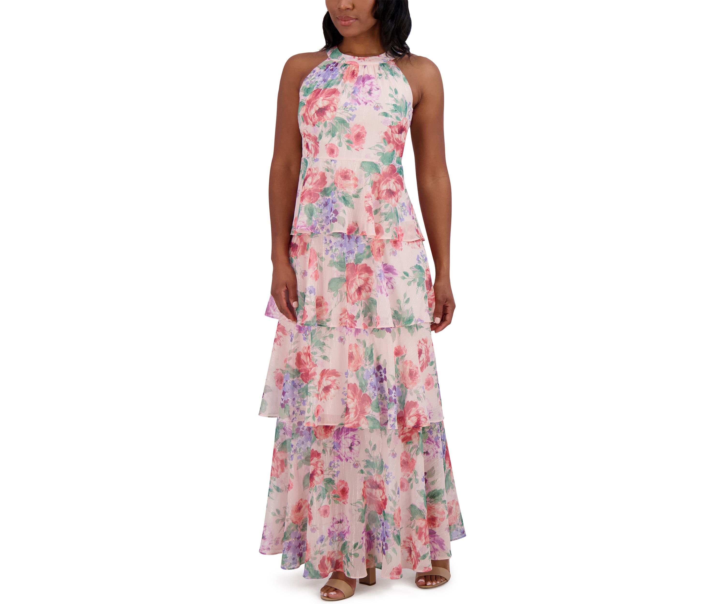 Womens Sleeveless Halter Neck Tiered Floral Printed Maxi Dress