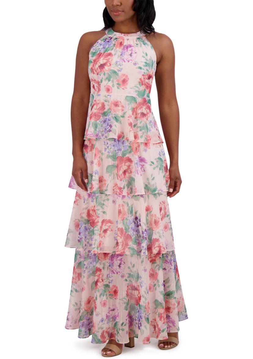 Womens Sleeveless Halter Neck Tiered Floral Printed Maxi Dress