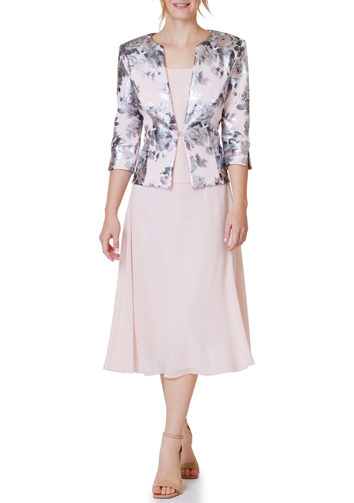 Womens Solid Cocktail Dress and Floral Jacket 