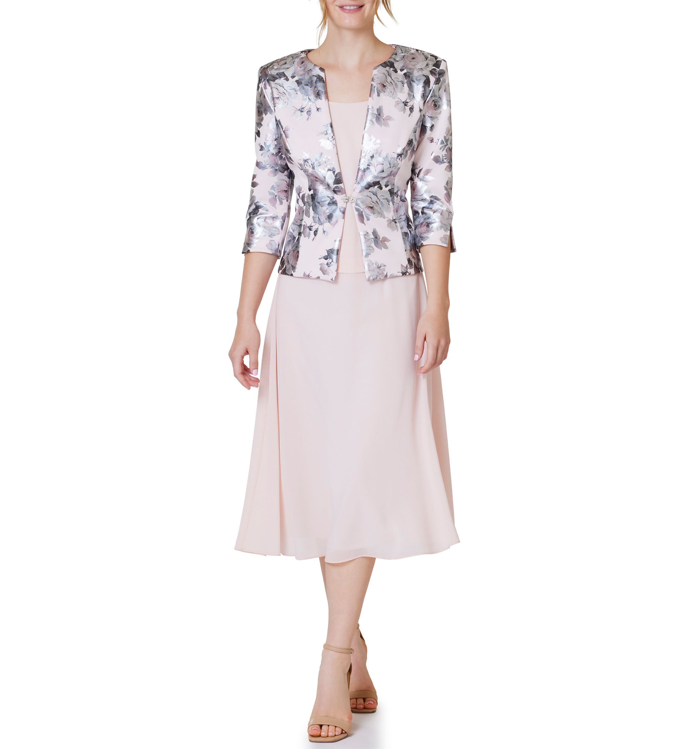 Womens Solid Cocktail Dress and Floral Jacket 
