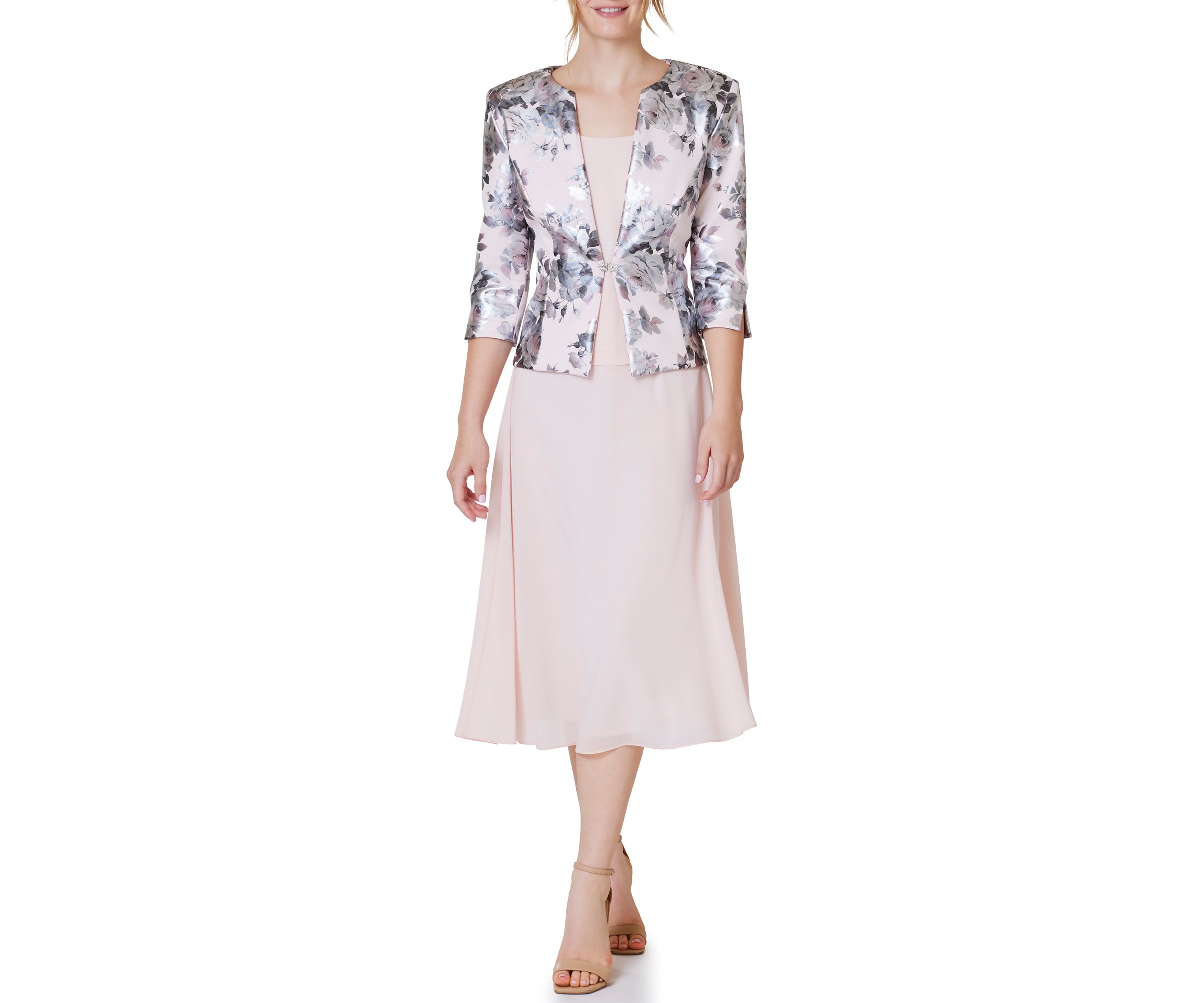 Womens Solid Cocktail Dress and Floral Jacket 