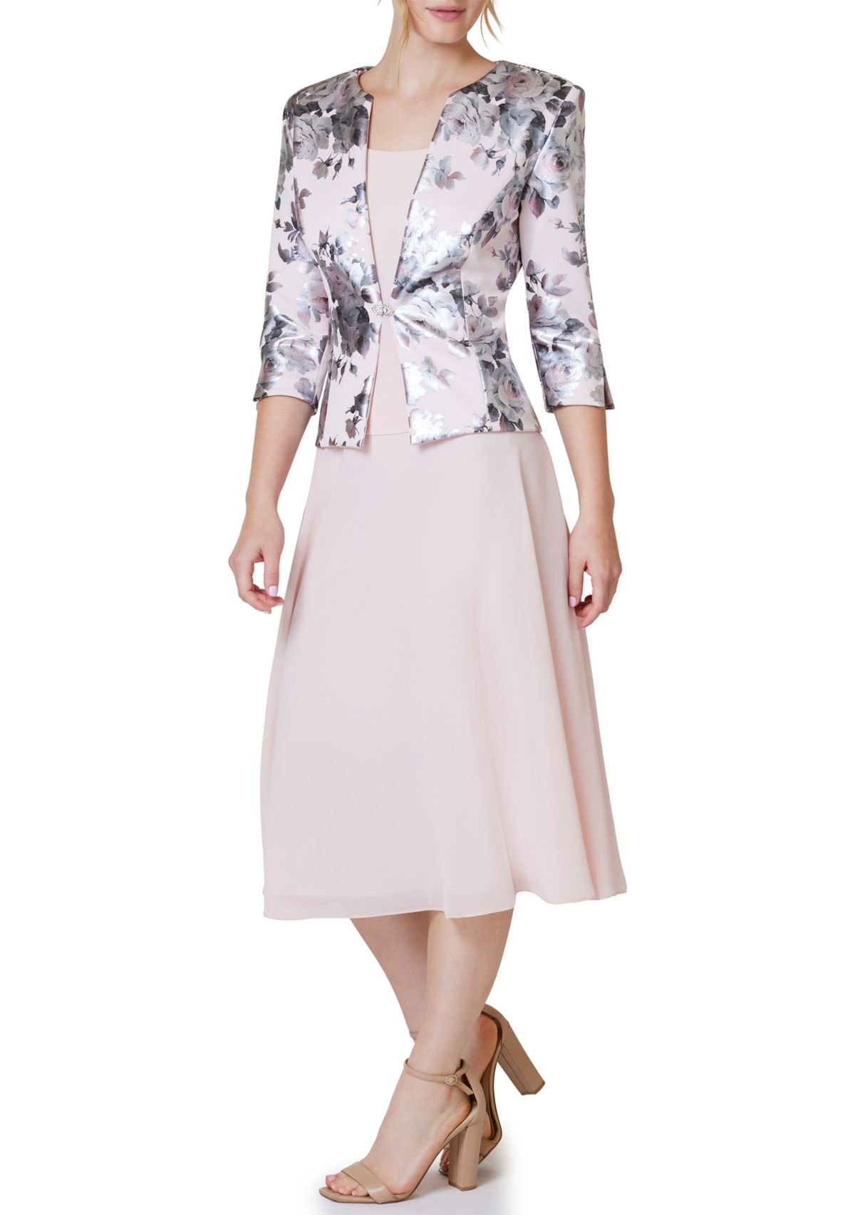 Womens Solid Cocktail Dress and Floral Jacket 