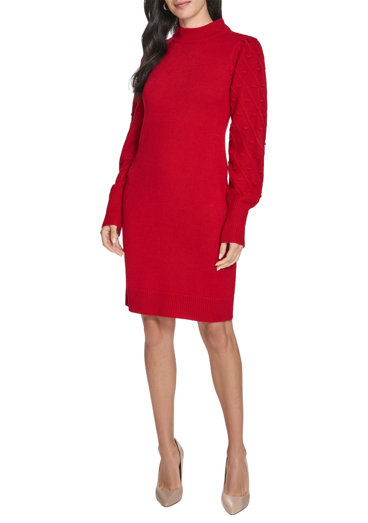 Womens Balloon Sleeve Mock Neck A-Line Sweater Dress