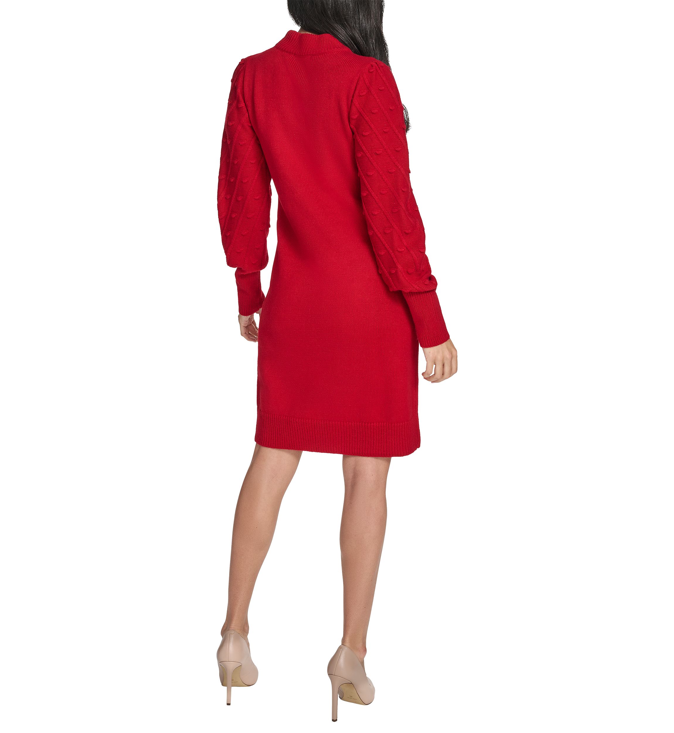 Womens Balloon Sleeve Mock Neck A-Line Sweater Dress