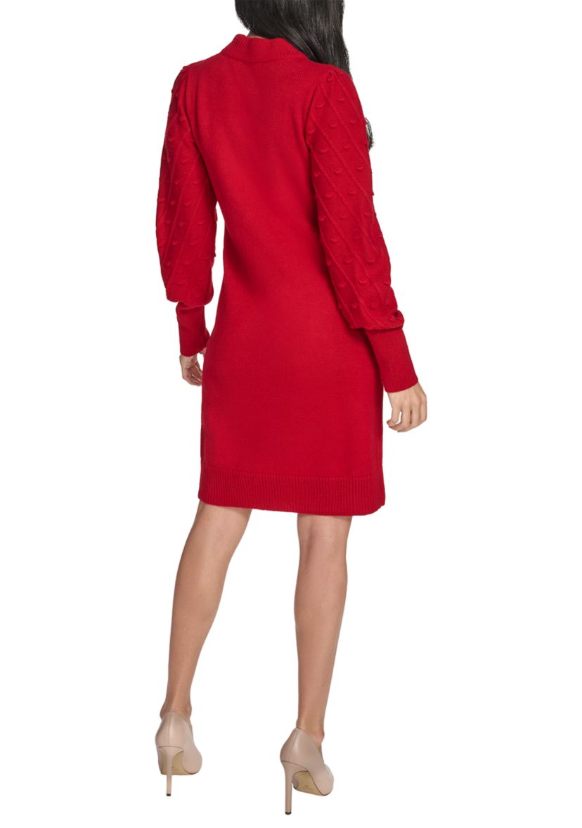 Womens Balloon Sleeve Mock Neck A-Line Sweater Dress
