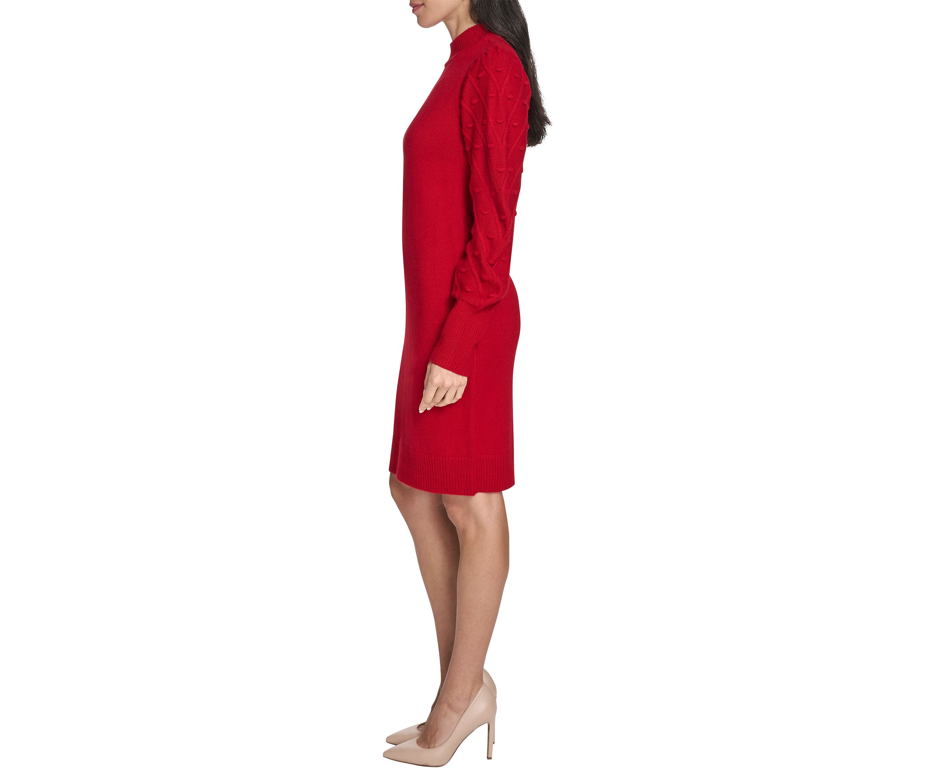 Womens Balloon Sleeve Mock Neck A-Line Sweater Dress