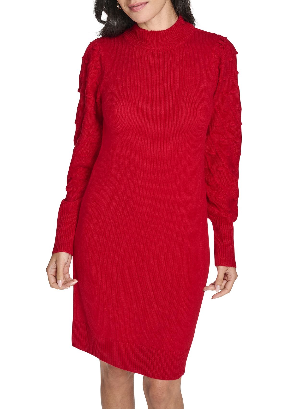 Womens Balloon Sleeve Mock Neck A-Line Sweater Dress