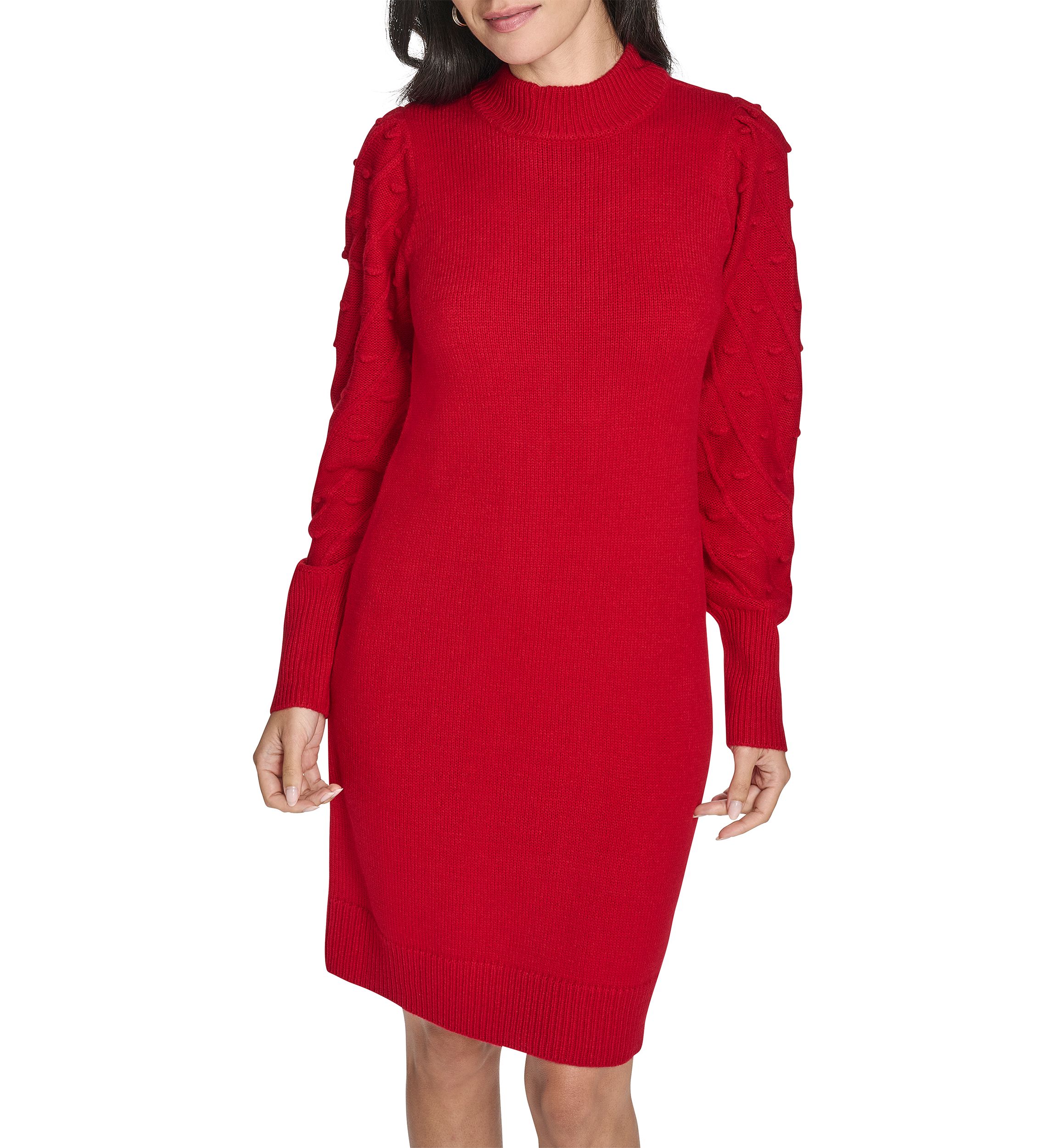 Womens Balloon Sleeve Mock Neck A-Line Sweater Dress