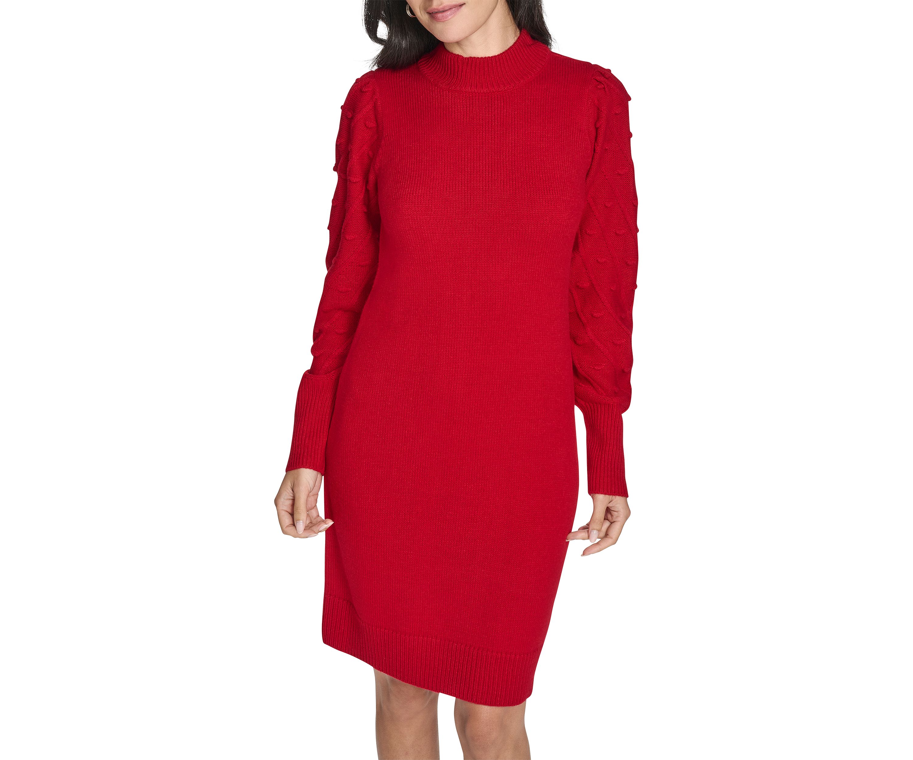 Womens Balloon Sleeve Mock Neck A-Line Sweater Dress