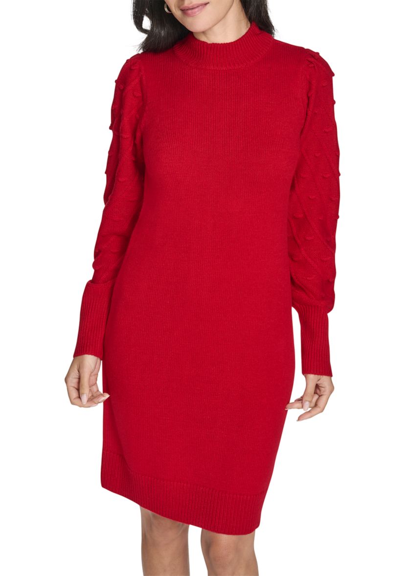 Womens Balloon Sleeve Mock Neck A-Line Sweater Dress