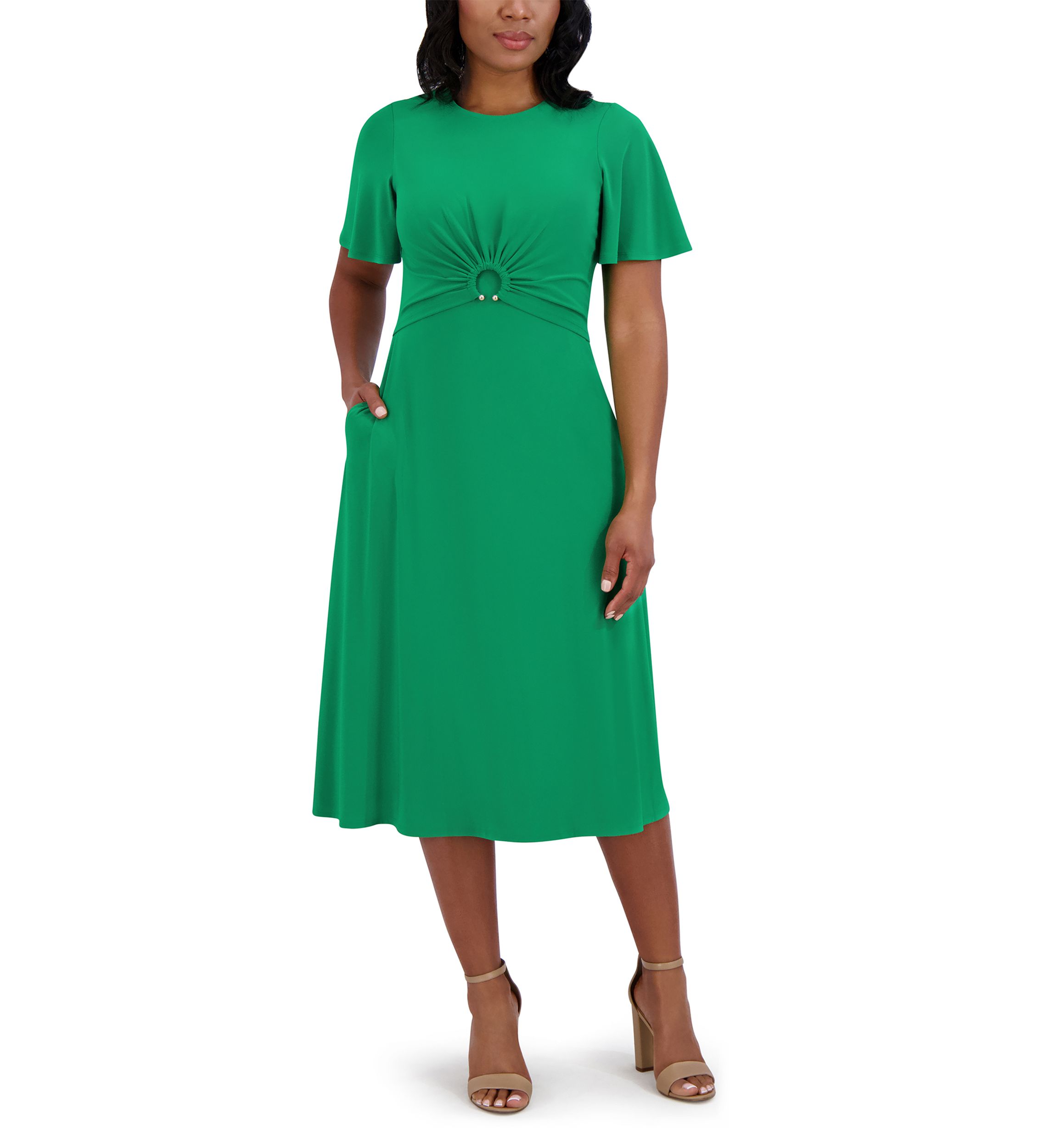 Womens Short Sleeve Crew Neck Solid A-Line Dress