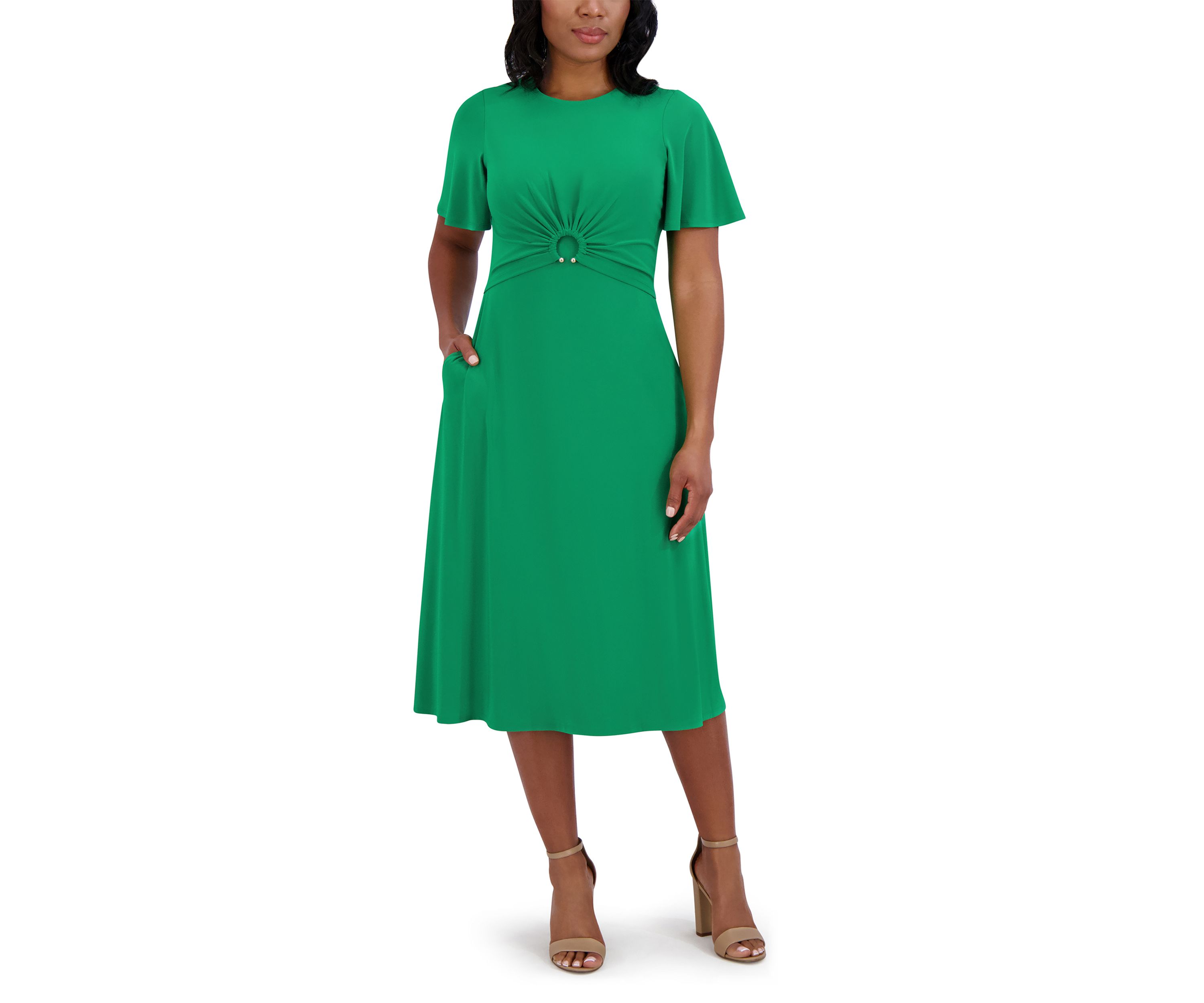 Womens Short Sleeve Crew Neck Solid A-Line Dress
