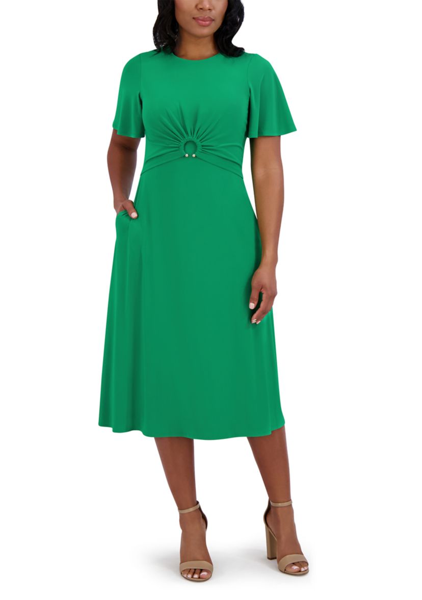 Womens Short Sleeve Crew Neck Solid A-Line Dress
