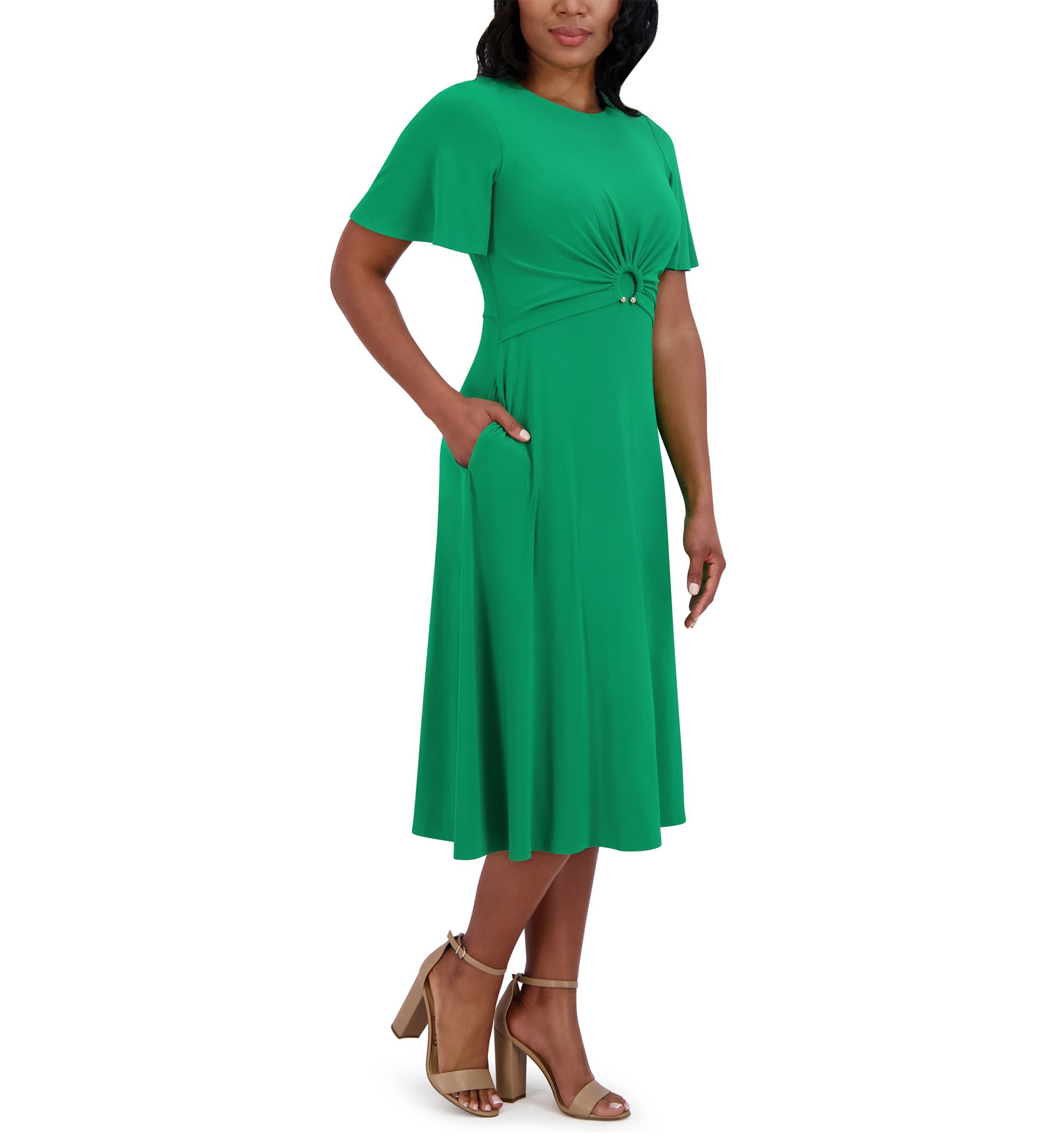 Womens Short Sleeve Crew Neck Solid A-Line Dress