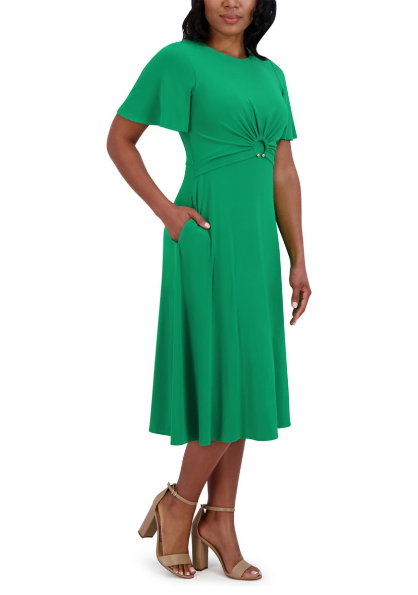 Womens Short Sleeve Crew Neck Solid A-Line Dress