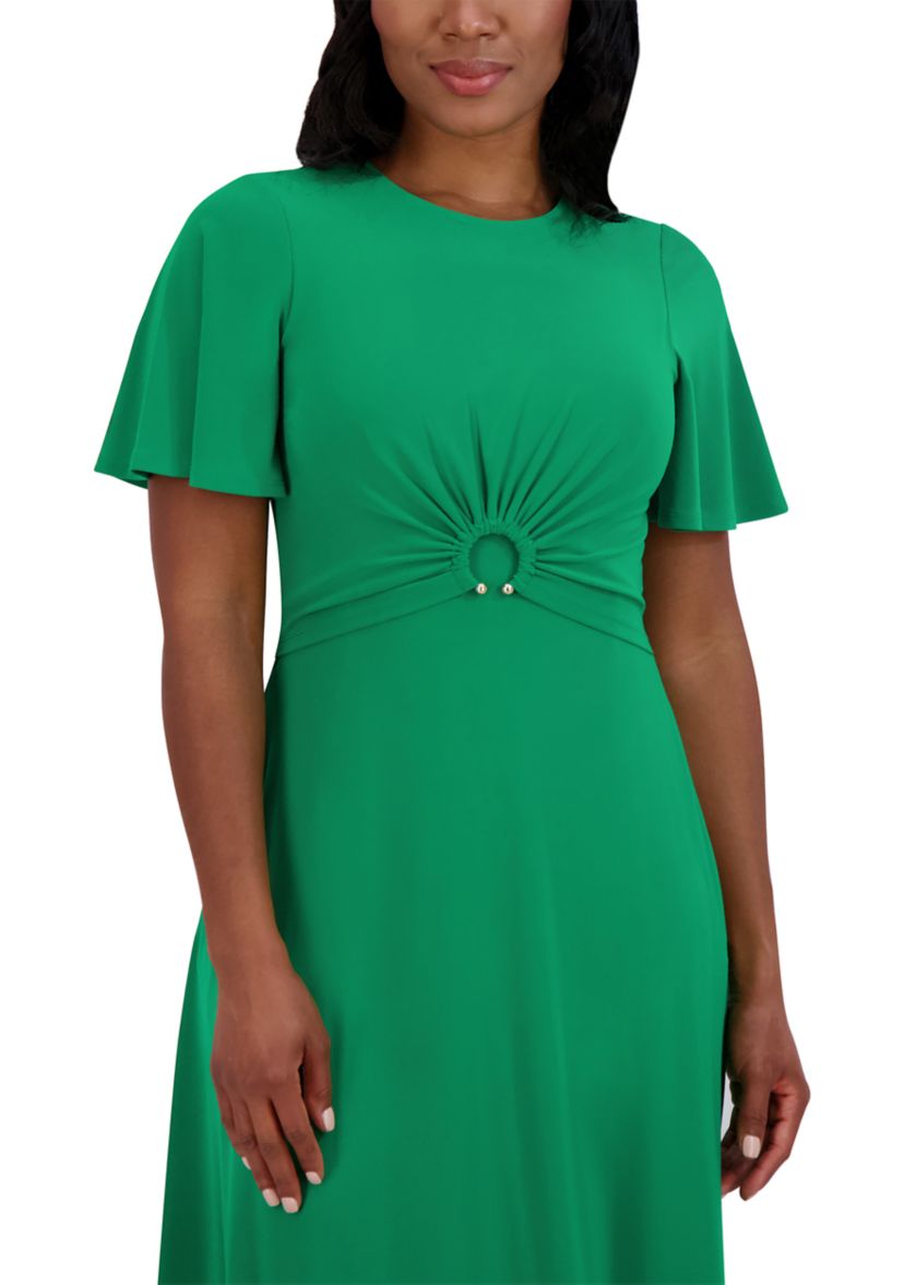 Womens Short Sleeve Crew Neck Solid A-Line Dress