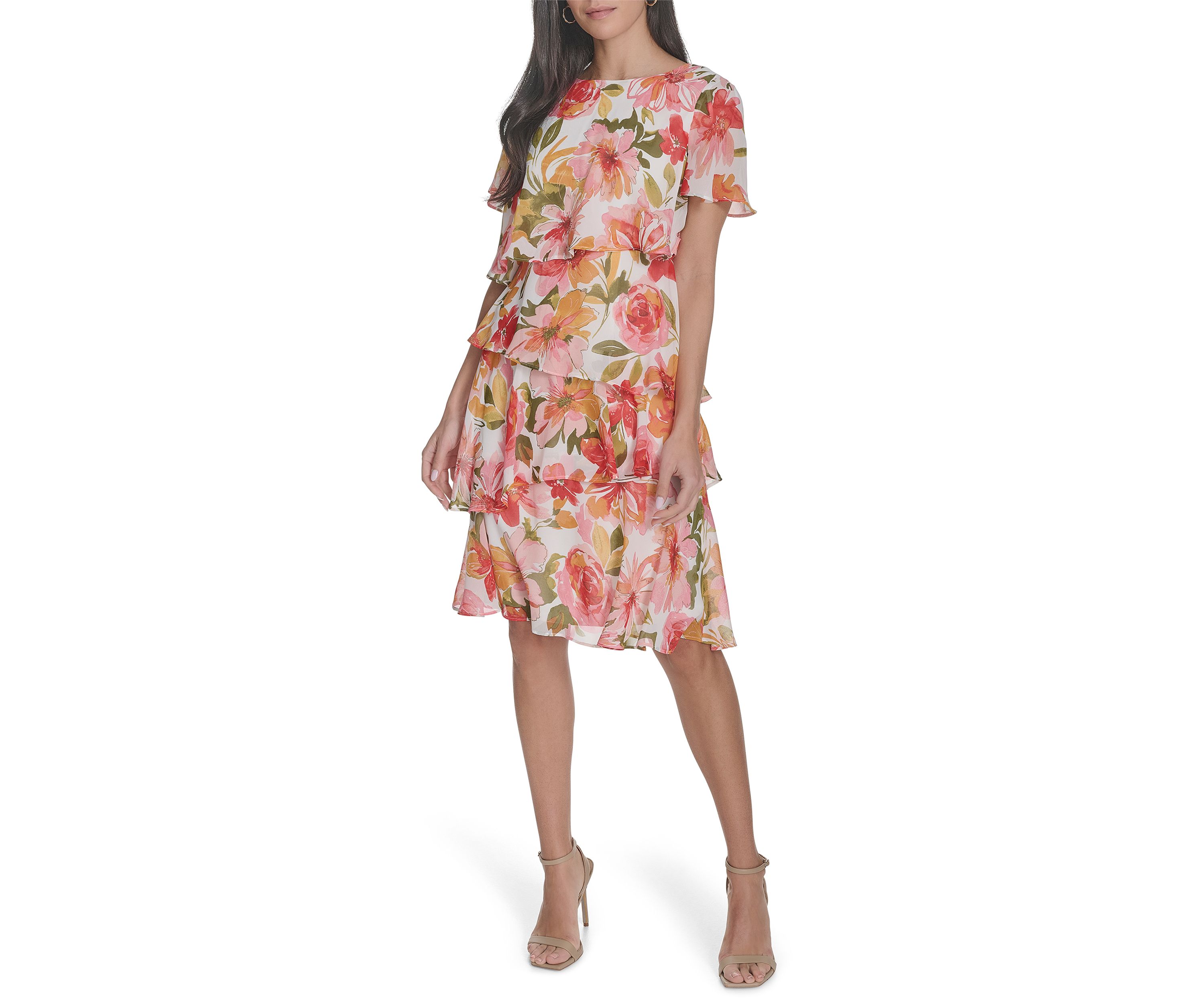 Womens Boat Neck Floral Printed Tiered Dress