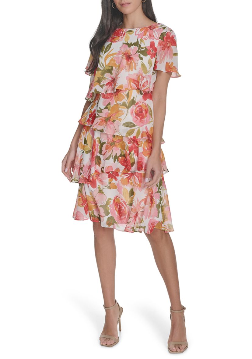 Womens Boat Neck Floral Printed Tiered Dress