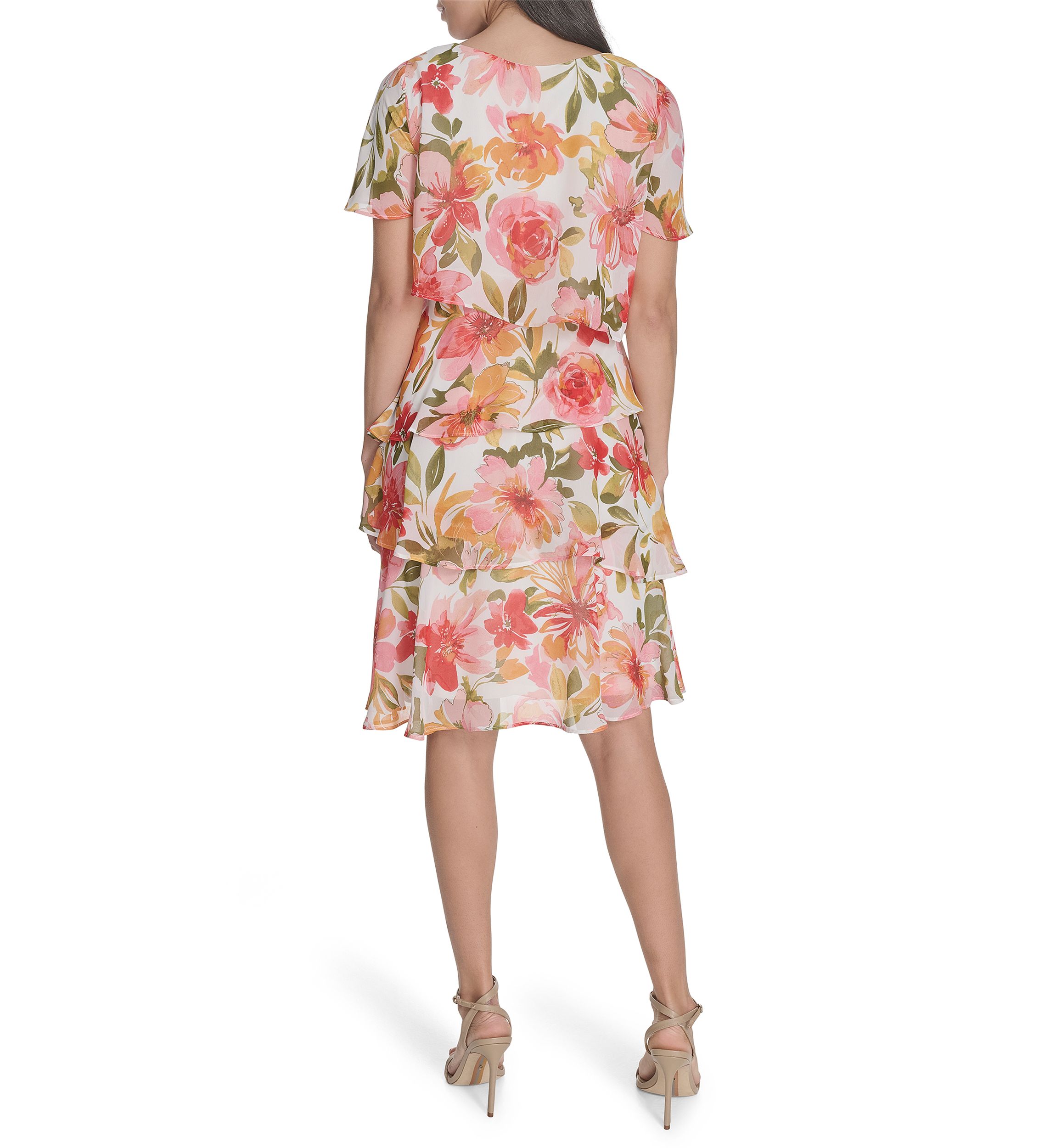 Womens Boat Neck Floral Printed Tiered Dress