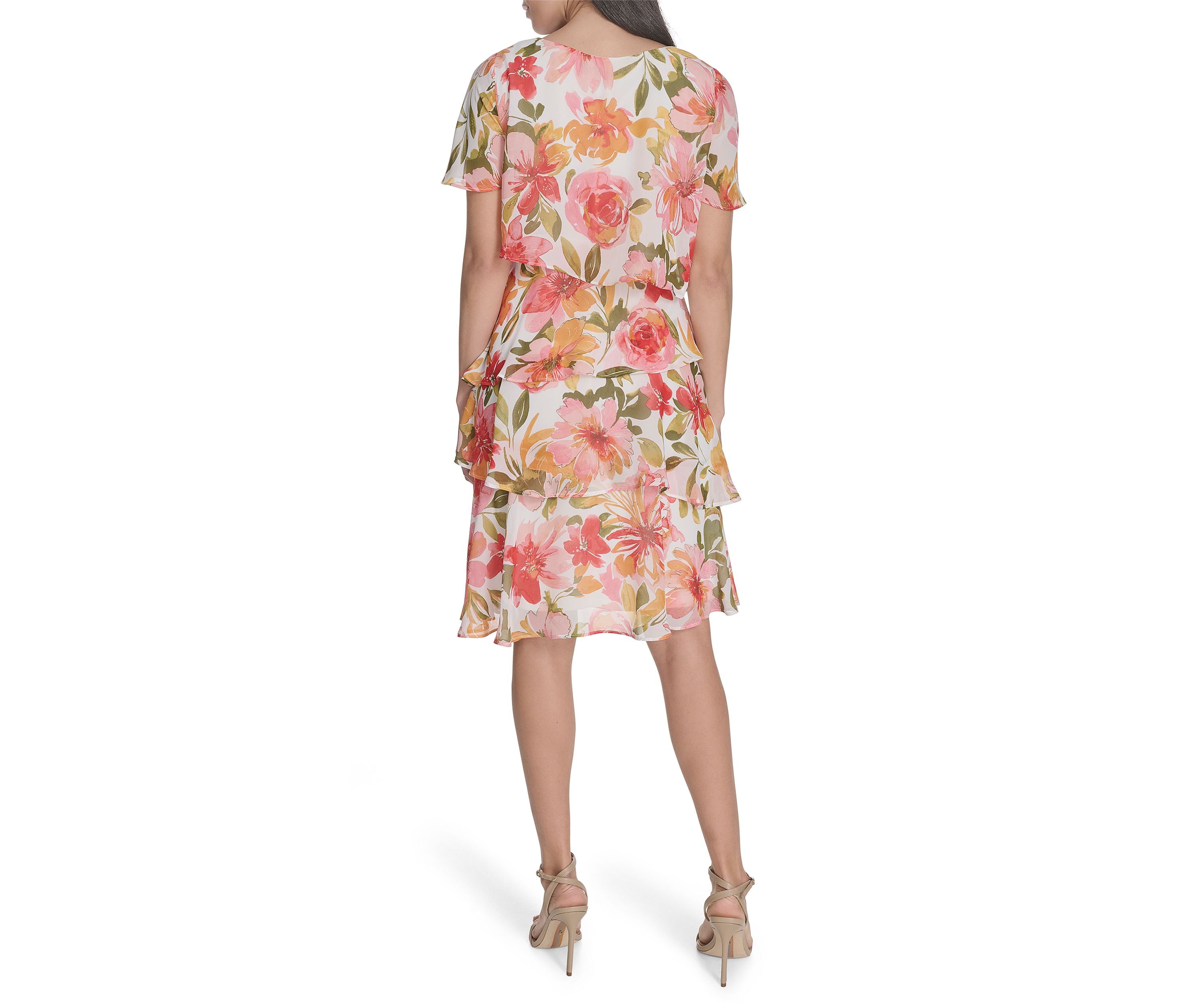 Womens Boat Neck Floral Printed Tiered Dress