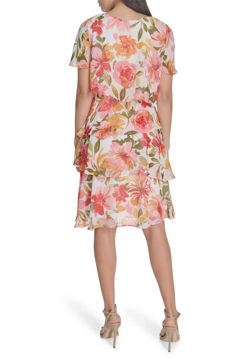 Womens Boat Neck Floral Printed Tiered Dress