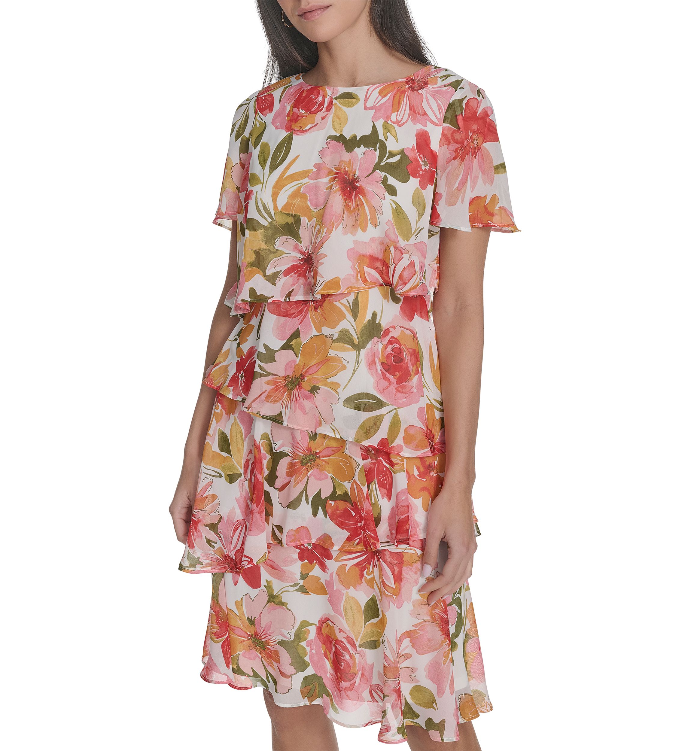 Womens Boat Neck Floral Printed Tiered Dress