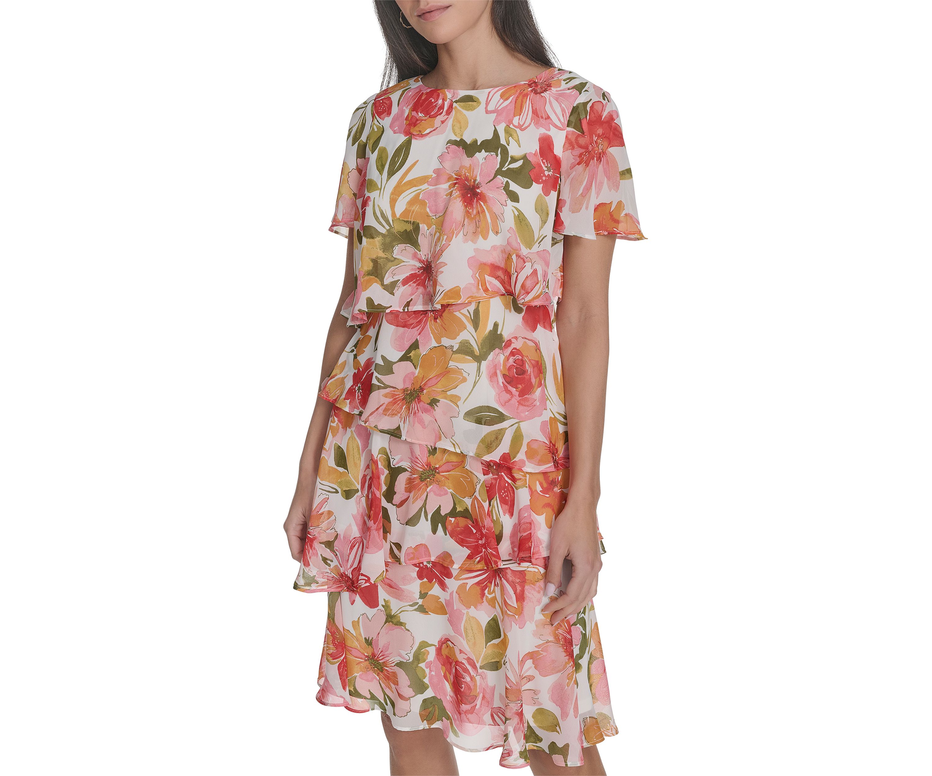 Womens Boat Neck Floral Printed Tiered Dress