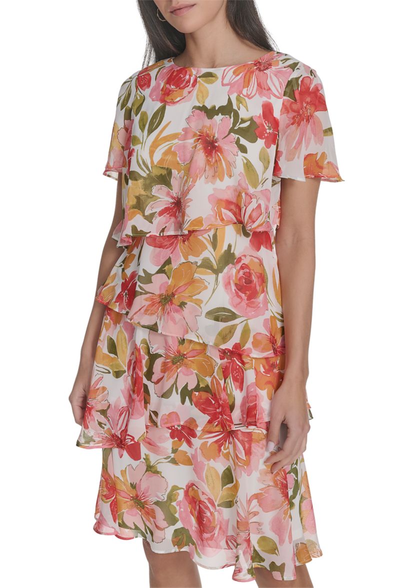 Womens Boat Neck Floral Printed Tiered Dress