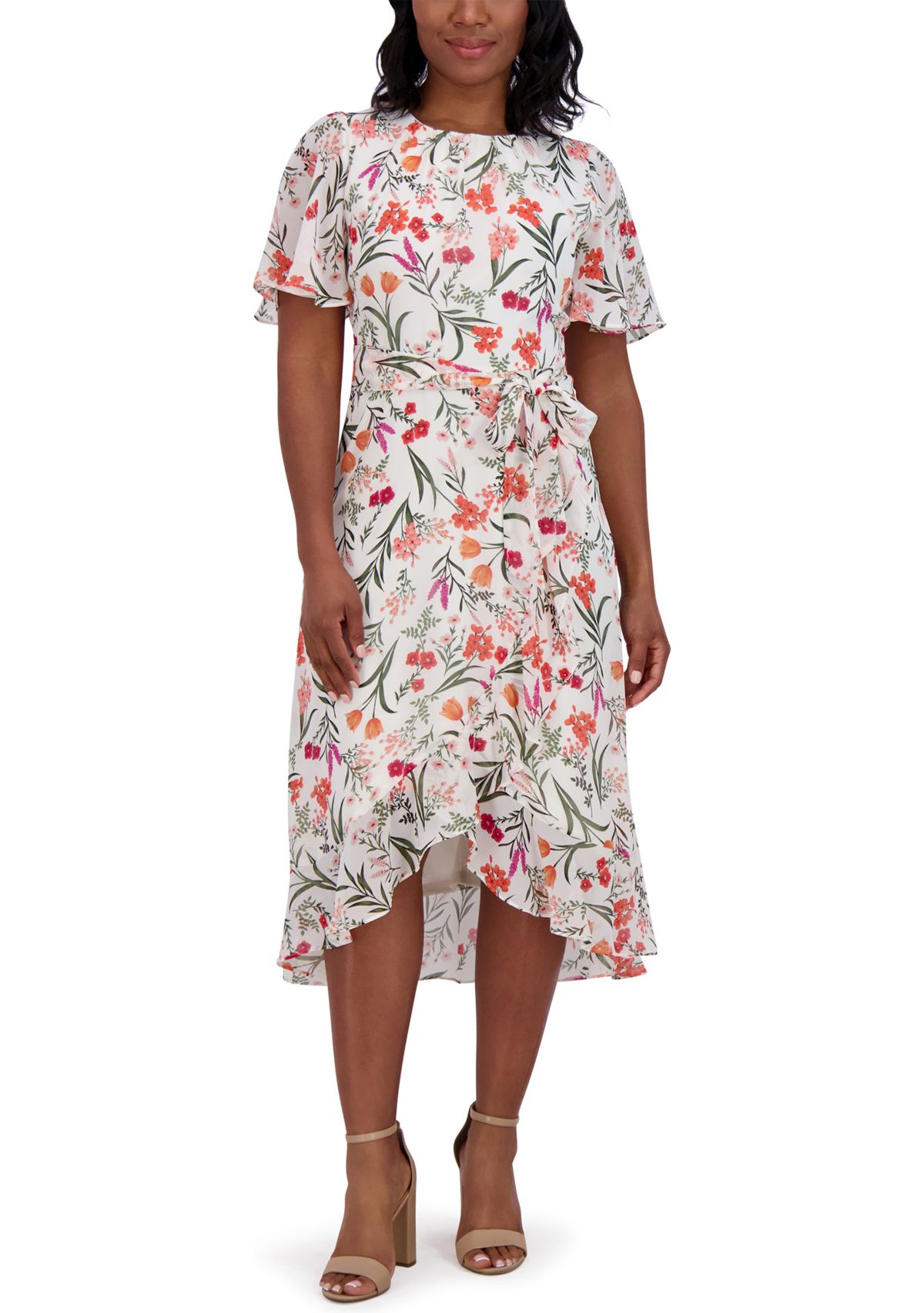 Womens Flutter Sleeve Floral Printed Dress