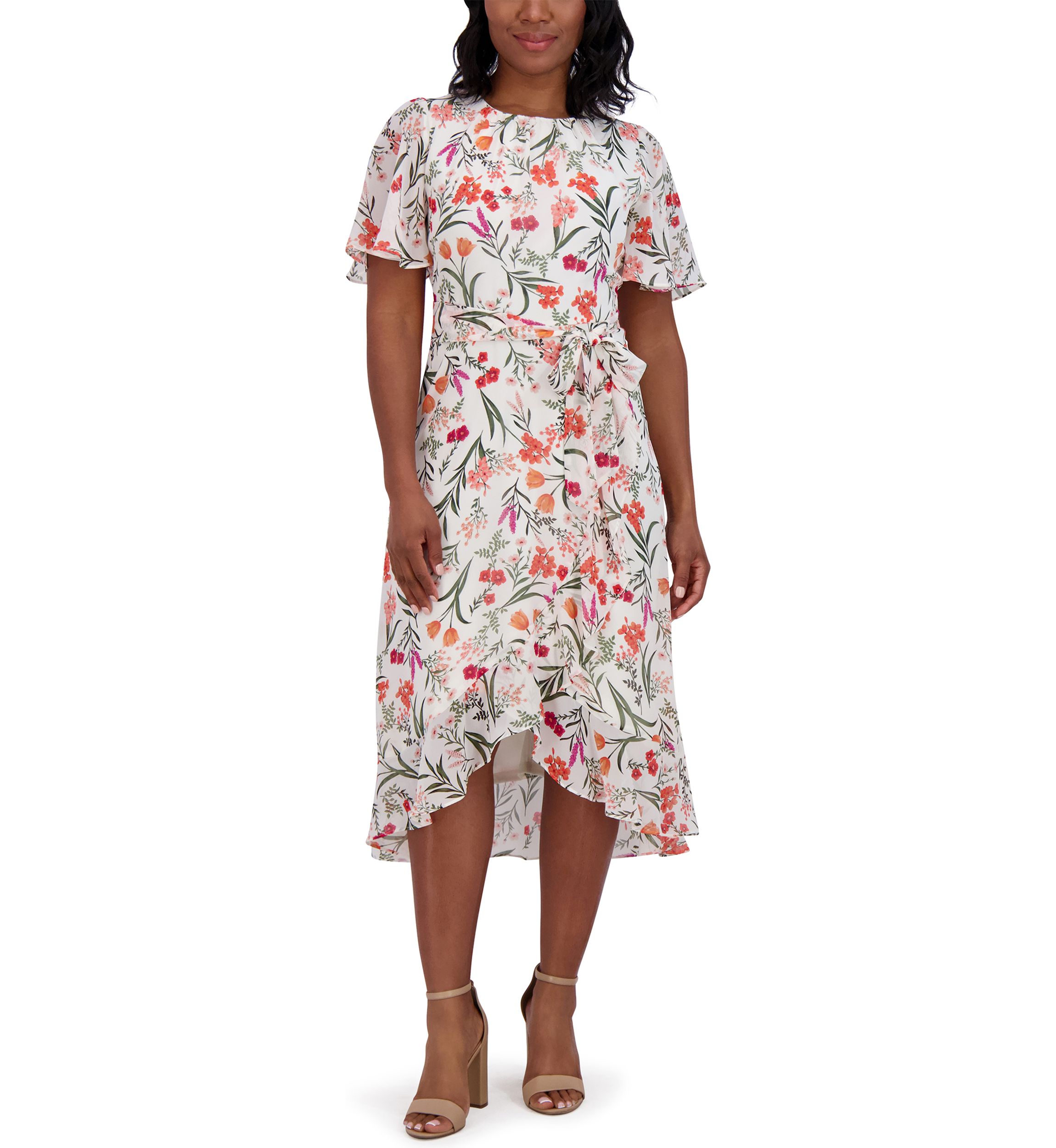 Womens Flutter Sleeve Floral Printed Dress