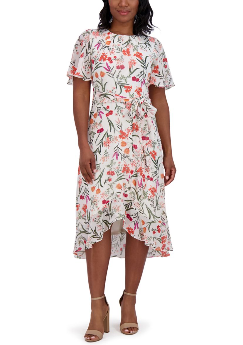 Womens Flutter Sleeve Floral Printed Dress