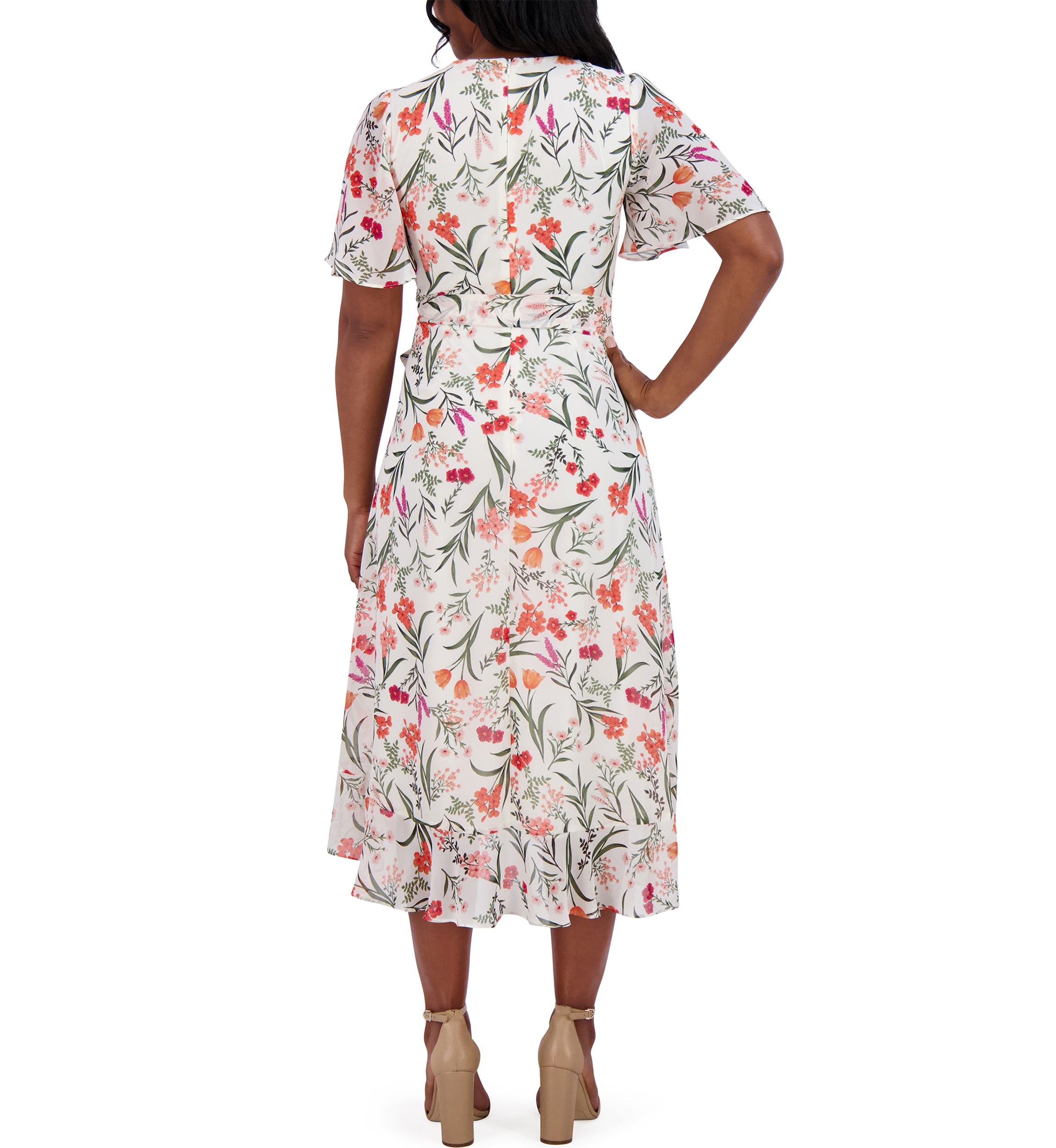 Womens Flutter Sleeve Floral Printed Dress
