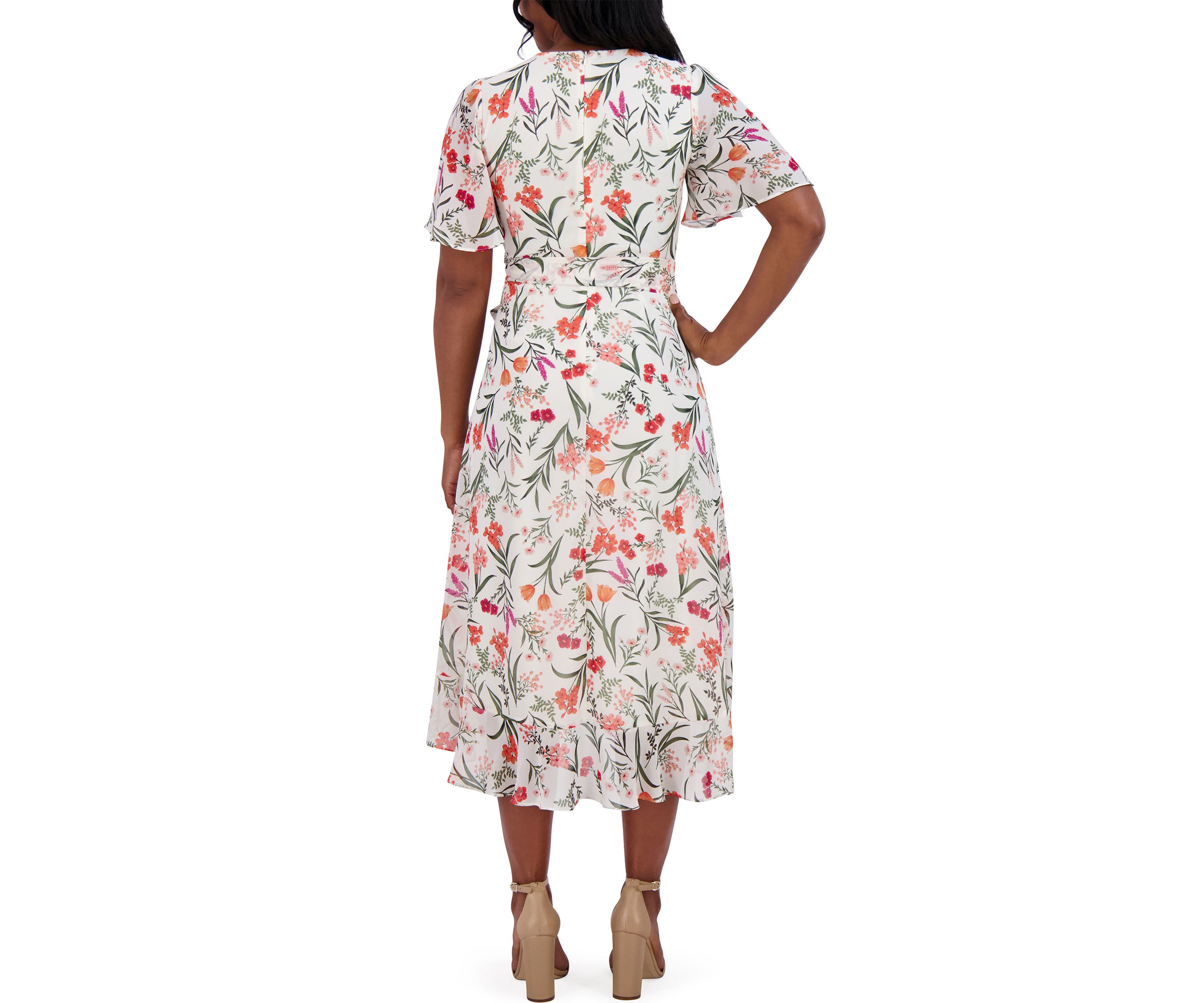 Womens Flutter Sleeve Floral Printed Dress