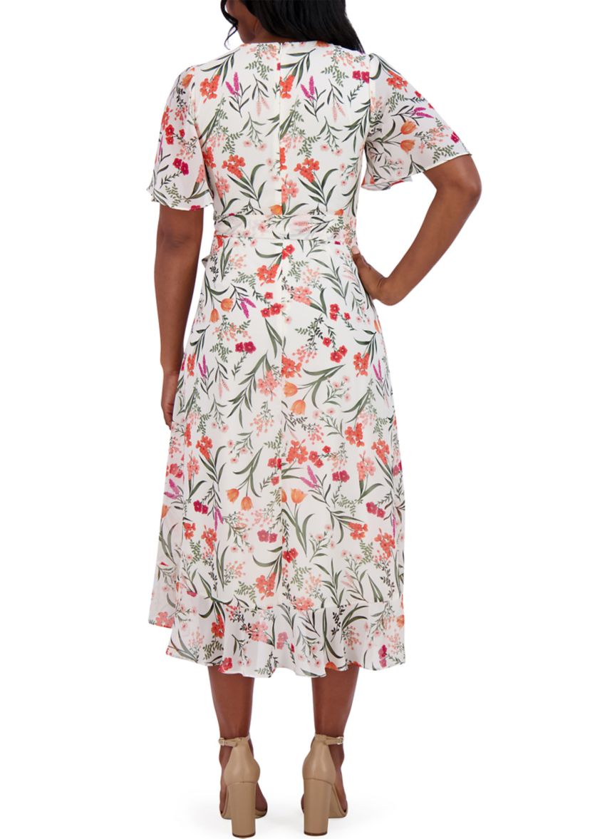 Womens Flutter Sleeve Floral Printed Dress